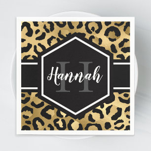 Gold Black Leopard Spots Monogram Servet