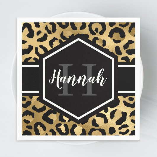 Gold Black Leopard Spots Monogram Servet