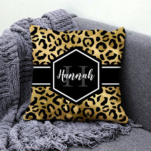 Gold Black Leopard Spots Monogram Sierkussen