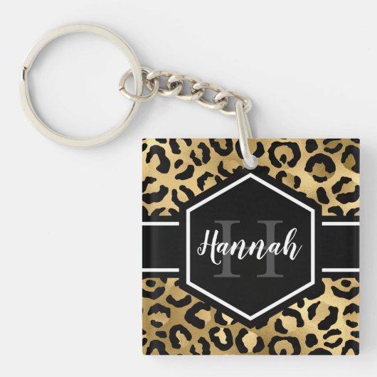 Gold Black Leopard Spots Monogram Sleutelhanger (Voorkant)
