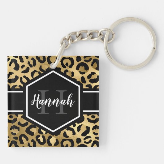 Gold Black Leopard Spots Monogram Sleutelhanger (Achterkant)