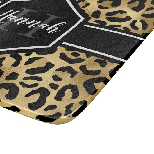 Gold Black Leopard Spots Monogram Snijplank (Hoek)
