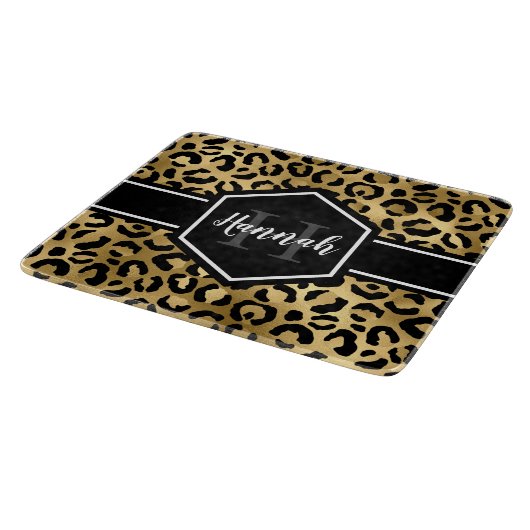 Gold Black Leopard Spots Monogram Snijplank (Hoek)
