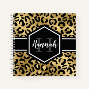 Gold Black Leopard Spots Monogram Square Notitieboek