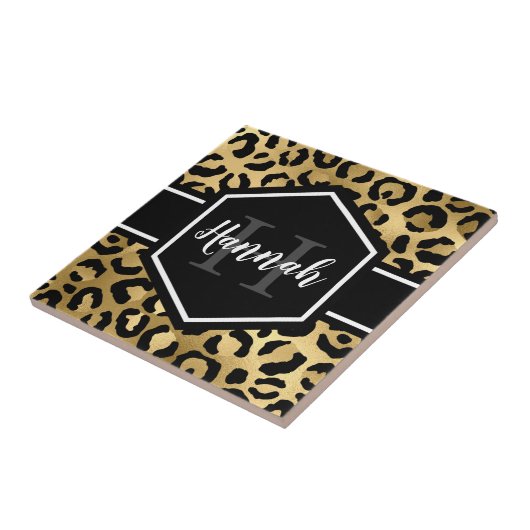 Gold Black Leopard Spots Monogram Tegeltje (Zijkant)