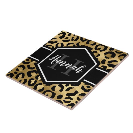 Gold Black Leopard Spots Monogram Tegeltje (Zijkant)