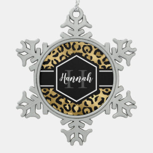 Gold Black Leopard Spots Monogram Tin Sneeuwvlok Ornament