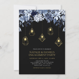 Gold & Black Lichten & Floral Engagement Party Inv Kaart