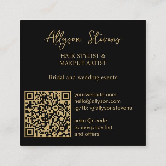 Gold Black Logo initials bold makeup qr code Vierkante Visitekaartje (Achterkant)
