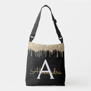 Gold Black Luxury Glitter Glam Monogram Naam Crossbody Tas