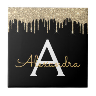 Gold Black Luxury Glitter Glam Monogram Naam Tegeltje