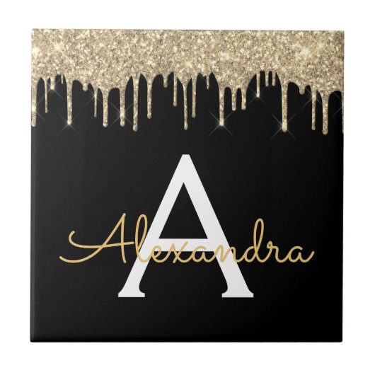 Gold Black Luxury Glitter Glam Monogram Naam Tegeltje (Voorkant)