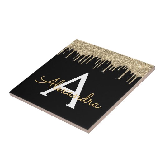 Gold Black Luxury Glitter Glam Monogram Naam Tegeltje (Zijkant)