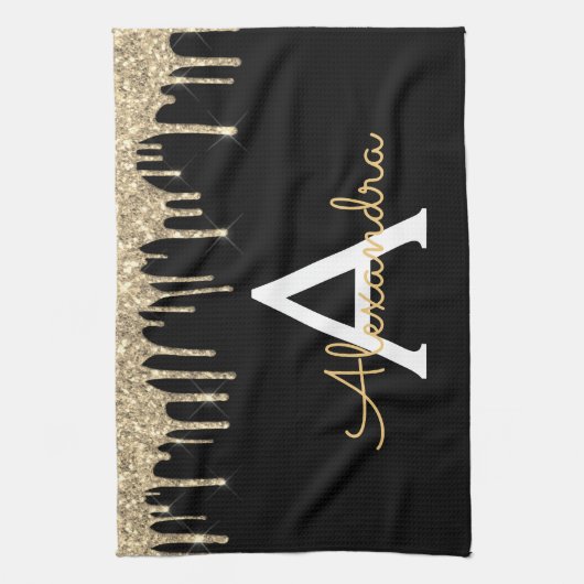 Gold Black Luxury Glitter Glam Monogram Naam Theedoek (Verticaal)