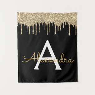Gold Black Luxury Glitter Glam Monogram Naam Wandkleed