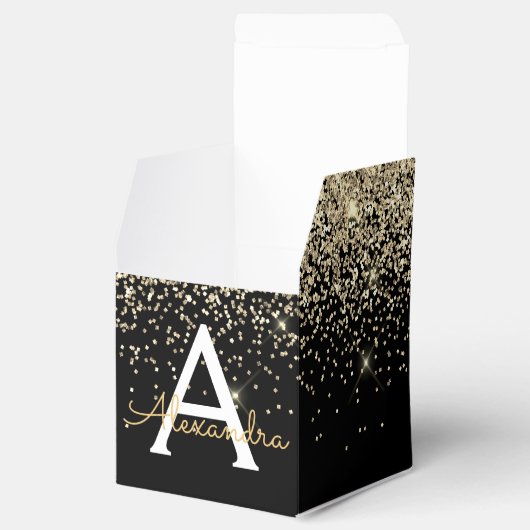 Gold Black Luxury Glitter Sparkle Monogram Bedankdoosjes (Geopend)