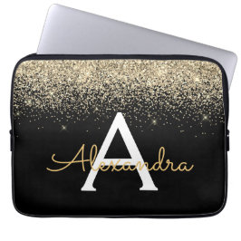 Gold Black Luxury Glitter Sparkle Monogram Laptop Sleeve