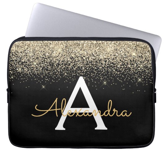 Gold Black Luxury Glitter Sparkle Monogram Laptop Sleeve (Voorkant)