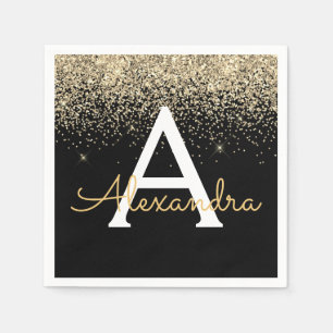 Gold Black Luxury Glitter Sparkle Monogram Servet