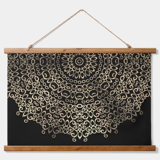 Gold Black Mandala Chic Trippy Psychedelic Hippie Hangend Wandkleed (Voorkant)