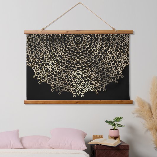 Gold Black Mandala Chic Trippy Psychedelic Hippie Hangend Wandkleed (Slaapkamer)