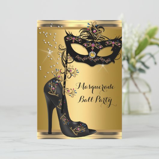 Gold Black Masquerade Ball Party Masker Jewel Kaart (Staand voorkant)