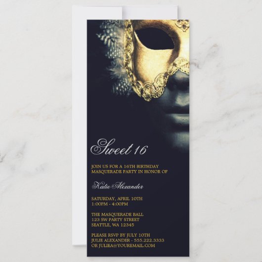 Gold Black Masquerade Sweet 16 Birthday Invitation Kaart (Voorkant)