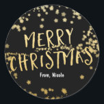 Gold & Black MERRY CHRISTMAS Stars Vakantie Sticke Ronde Sticker<br><div class="desc">Gold & Black MERRY CHRISTMAS Stars Holiday Sticker.</div>