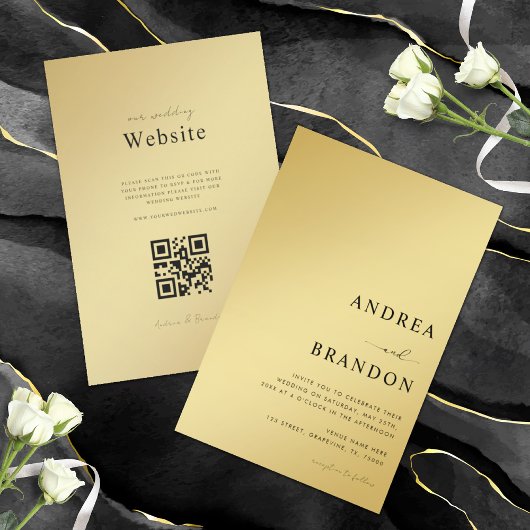 Gold & Black Metallic QR Code All in One Weddensch Kaart