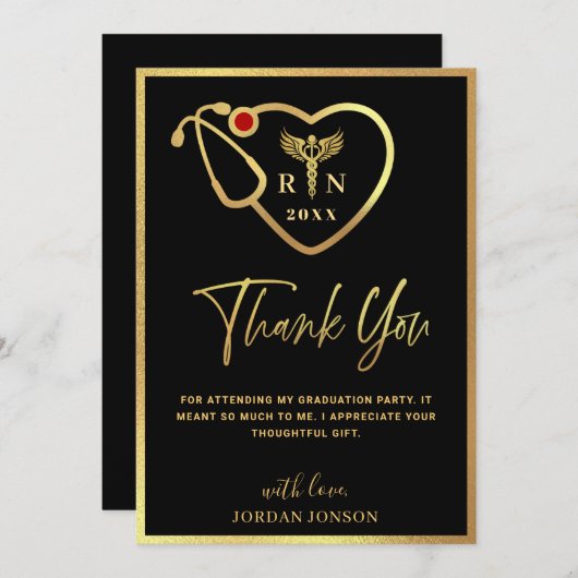 Gold Black Modern Nursing School Afstuderen Bedankkaart (Voorkant / Achterkant)