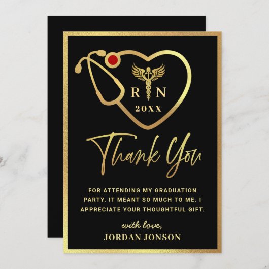 Gold Black Modern Nursing School Afstuderen Bedankkaart (Voorkant / Achterkant)