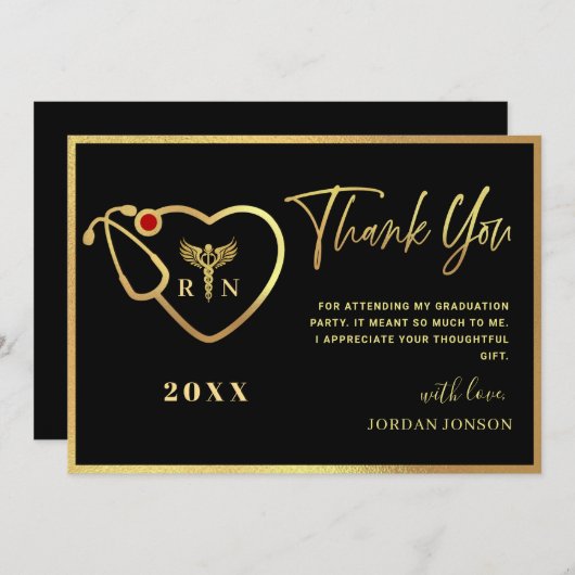 Gold Black Modern Nursing School Afstuderen Bedankkaart (Voorkant / Achterkant)