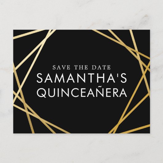 Gold Black Modern Quinceañera Save the Date Aankondigingskaart (Voorkant)