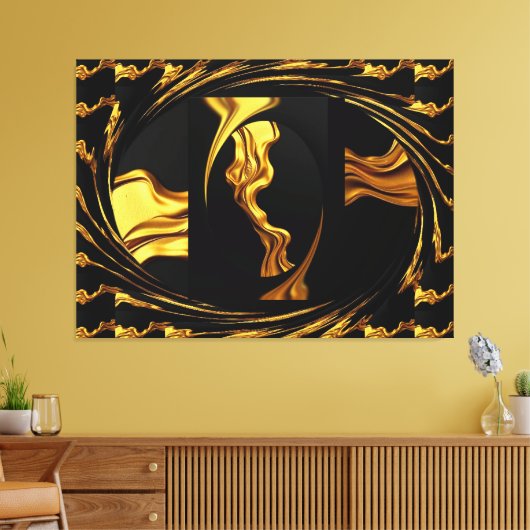 Gold Black Monochrome - Opulent Swirl Liquid Gold Canvas Afdruk (Insitu (Woonkamer))