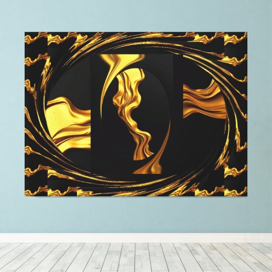 Gold Black Monochrome - Opulent Swirl Liquid Gold Canvas Afdruk (Insitu (Houten vloer))
