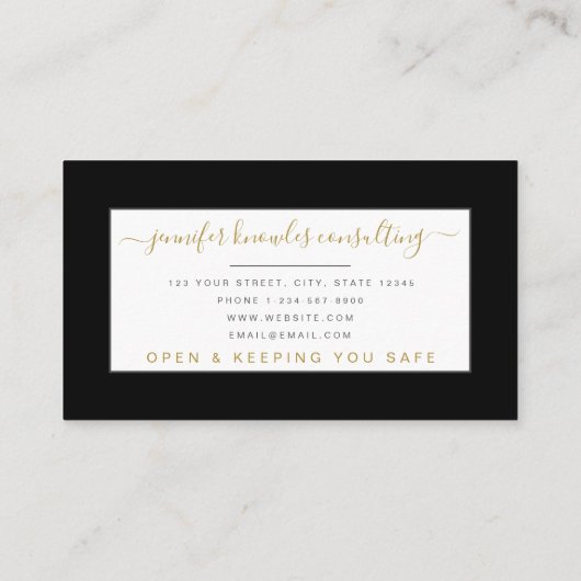 Gold Black Monogram Script Minimale Open Covid Visitekaartje (Achterkant)