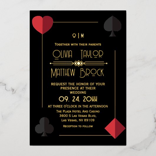 Gold Black Monogram Spelen Kaart bruiloft Uitnodig (Voorkant)