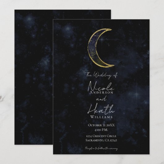 Gold Black Moon Celestial Night Starry Wedding Kaart (Voorkant / Achterkant)