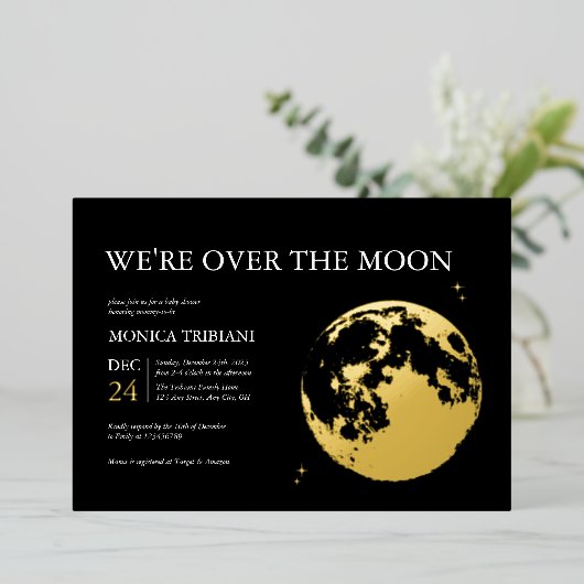 Gold Black Moon Lunar Celestial Modern Baby shower Folie Uitnodiging (Staand Voorkant)
