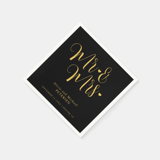Gold black Mr en Mrs elegant script bruiloft Servet (Hoek)