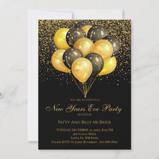 Gold & Black New Years Eve Party Kaart (Voorkant)