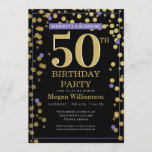 Gold Black Paars Surprise 50th Birthday Kaart<br><div class="desc">Laten we dit feest beginnen! Geniet van deze gouden,  zwarte en paarse uitnodiging!</div>