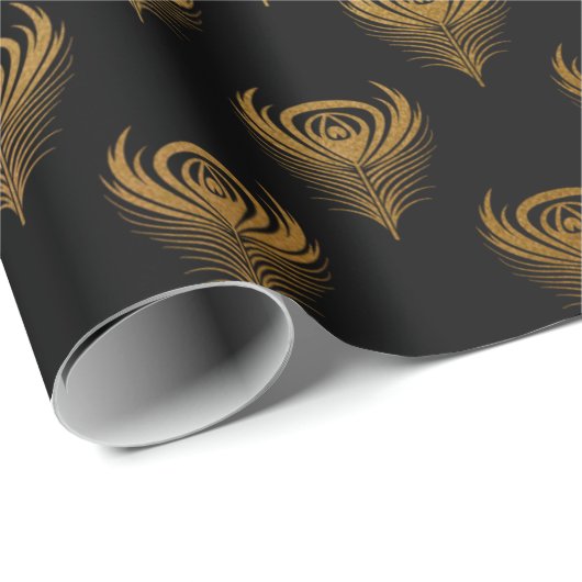 Gold Black Peacock Feathers Elegant Classic Cadeaupapier (Rol Hoek)