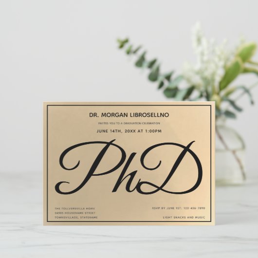 Gold Black PhD Graduation Party Kaart (Staand voorkant)