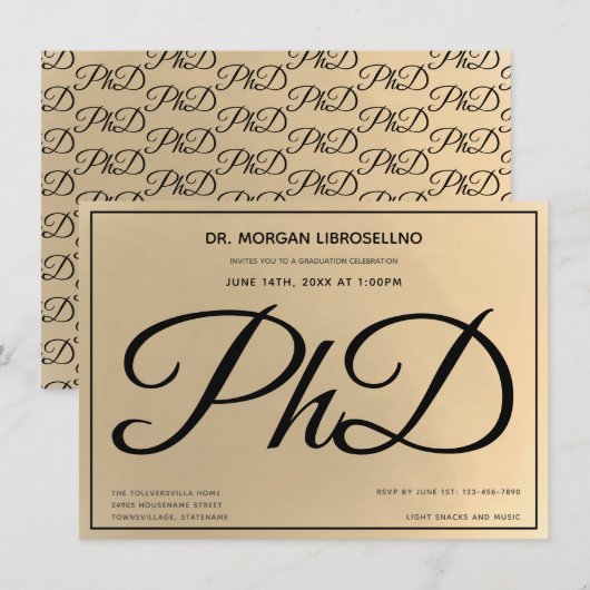 Gold Black PhD Graduation Party Kaart (Voorkant / Achterkant)