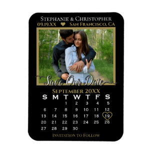 Gold & Black Photo Calendar Save Our Date Wedding Magneet