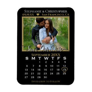 Gold & Black Photo Calendar Save Our Date Wedding Magneet