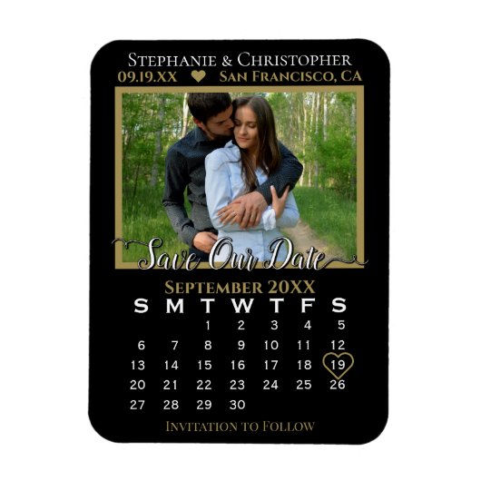 Gold & Black Photo Calendar Save Our Date Wedding Magneet (Verticaal)