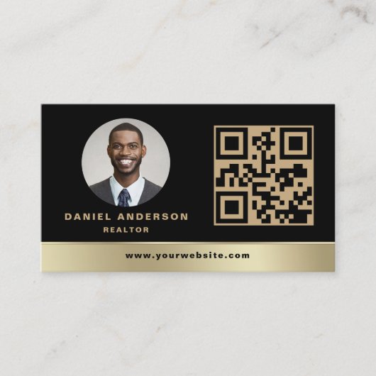 Gold Black QR Code Vastgoedmakelaar Visitekaartje (Voorkant)