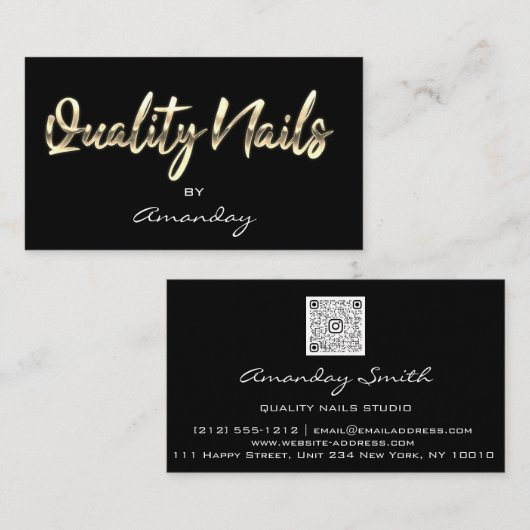 Gold Black Quality Nails Script QR Code Logo Visitekaartje (Voorkant / Achterkant)